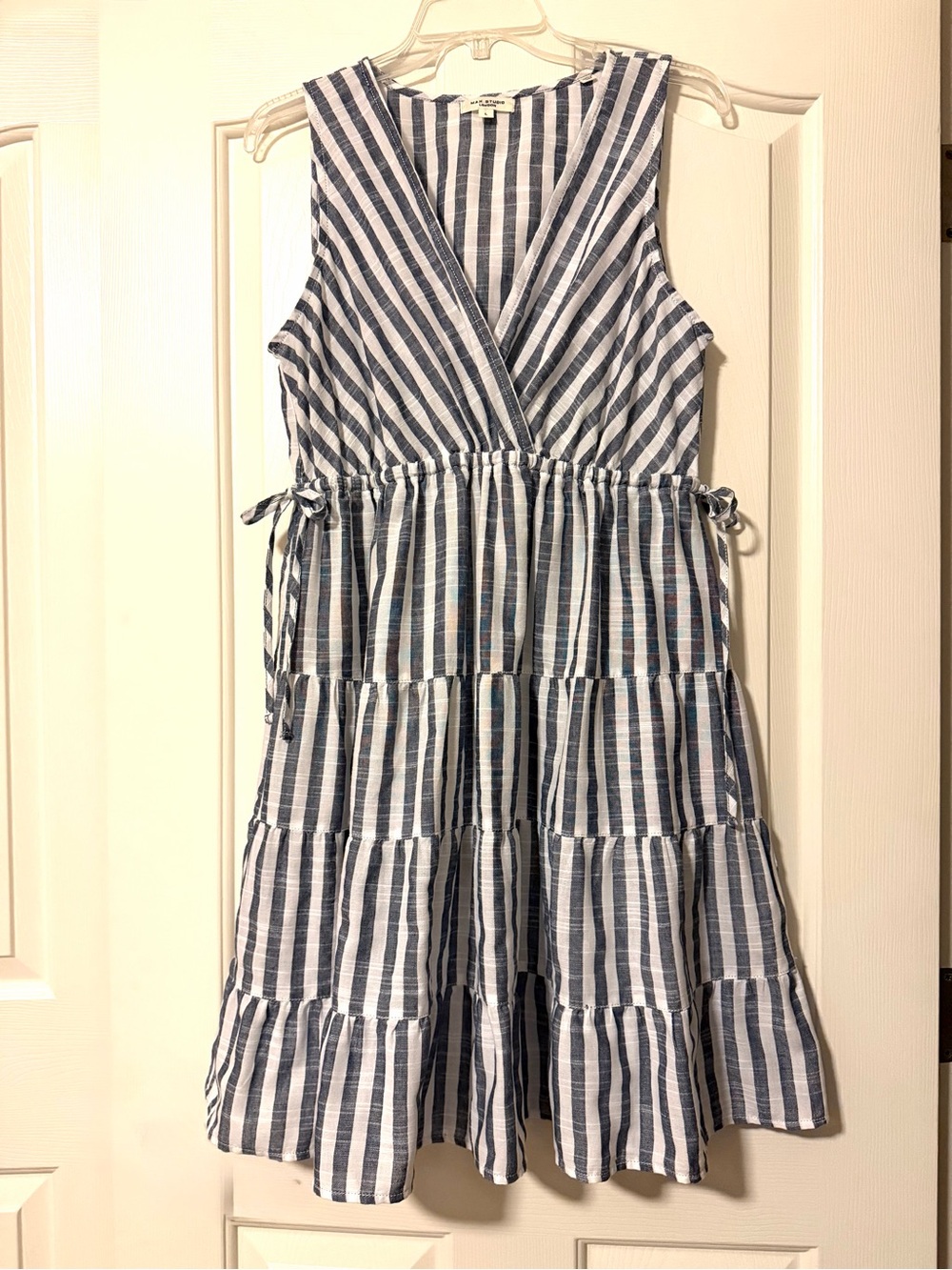 Sleeveless Blue and White Striped Tiered Summer Dress